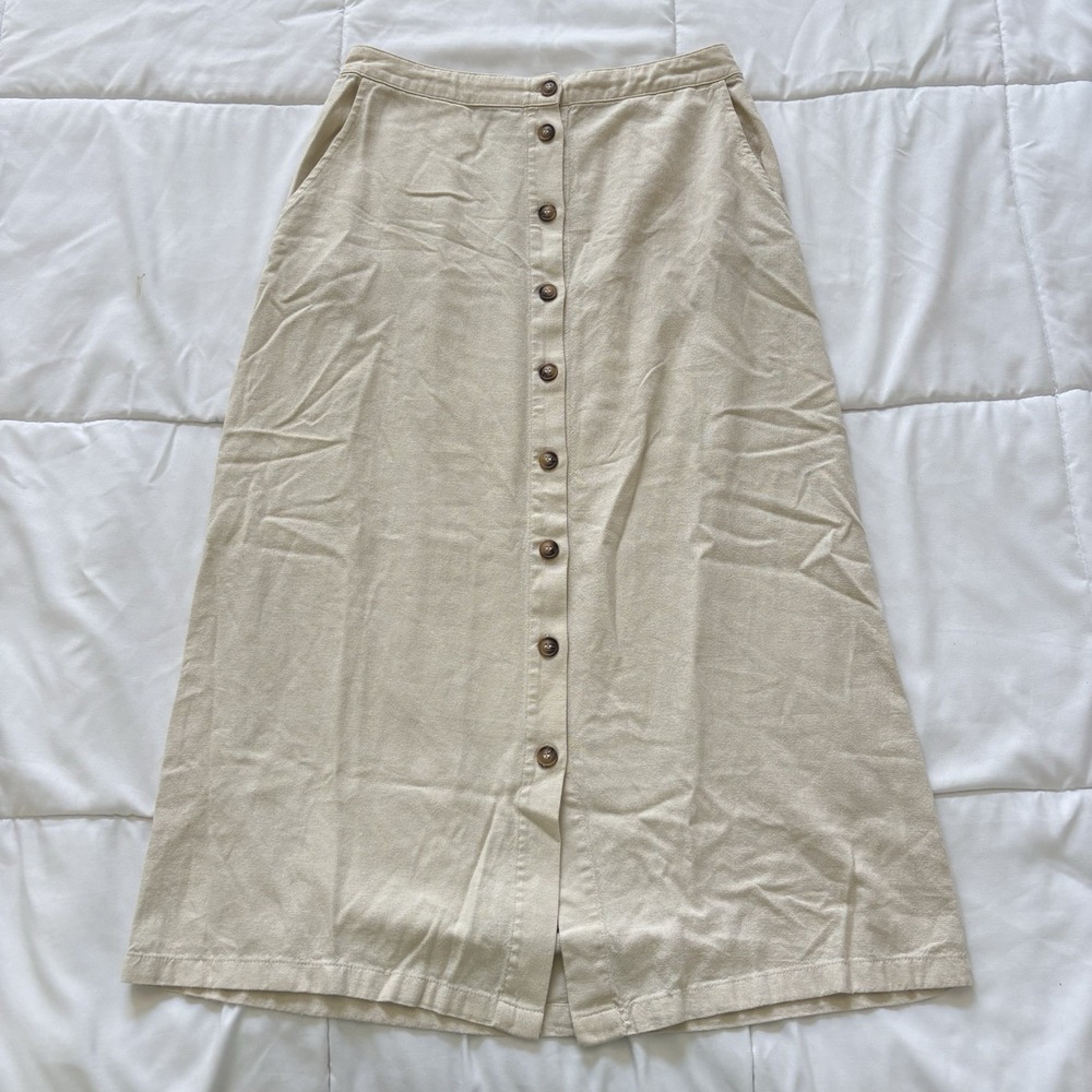 Womens Small‎ Skirt Beige Linen Blend Button Down Feminine Beach Quiet Luxury - Picture 2 of 8